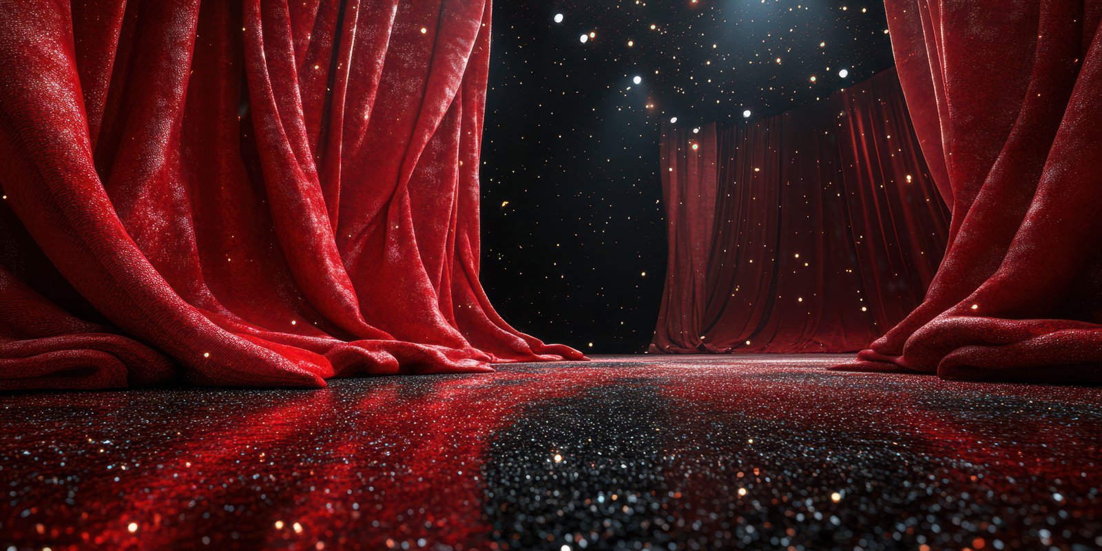 Stage set for a captivating performance illuminated by sparkling lights and vibrant red curtains